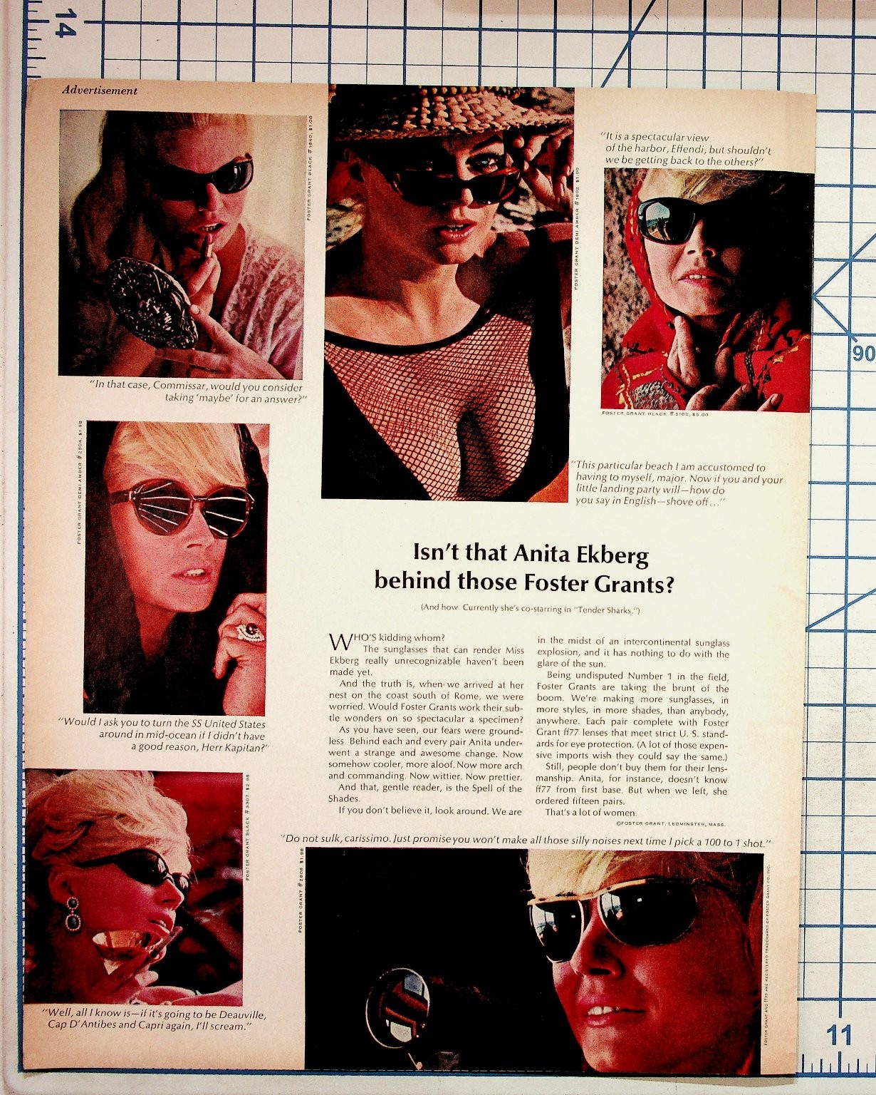 1966 Foster Grant Sunglasses Ad Anita Ekberg Vintage Magazine Print
