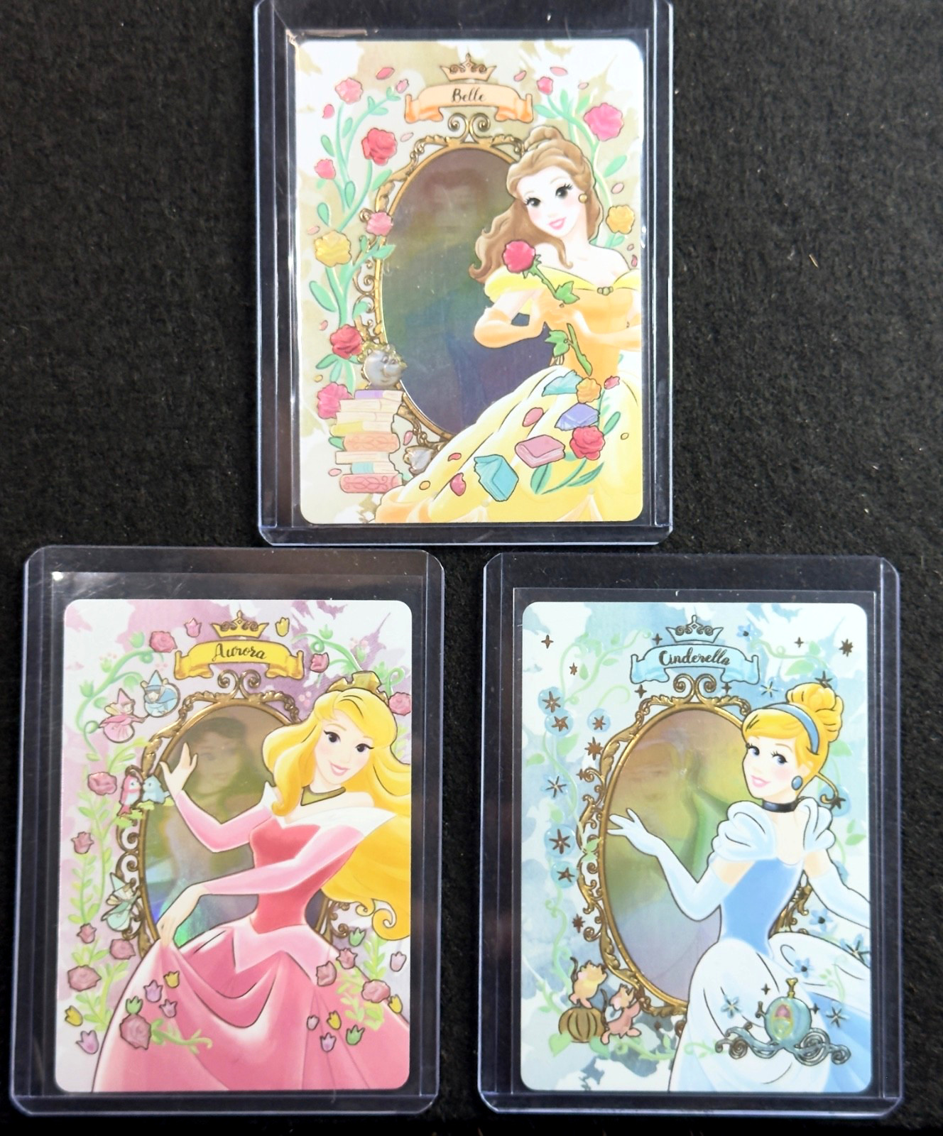 Disney Princess Card.Fun Mirror Card Lot Aurora Cinderella Belle Holo 3 Cards