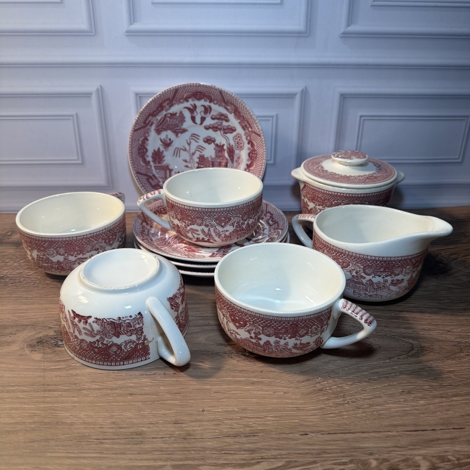 Vintage Pink Willow China Starter Tea Set Crazing Cracked Sugar Pot As Is