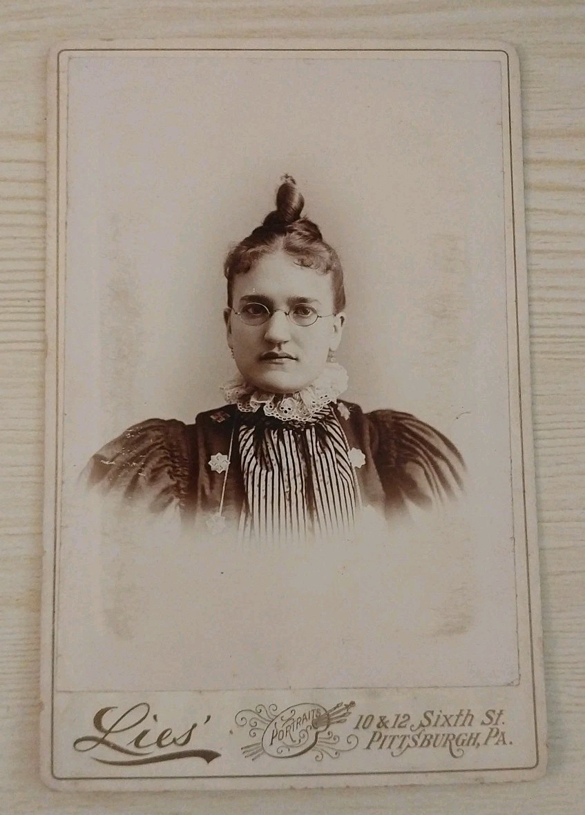 Antique Victorian Cabinet Card Photo Woman Glasses Lies Photographer  Pittsburgh