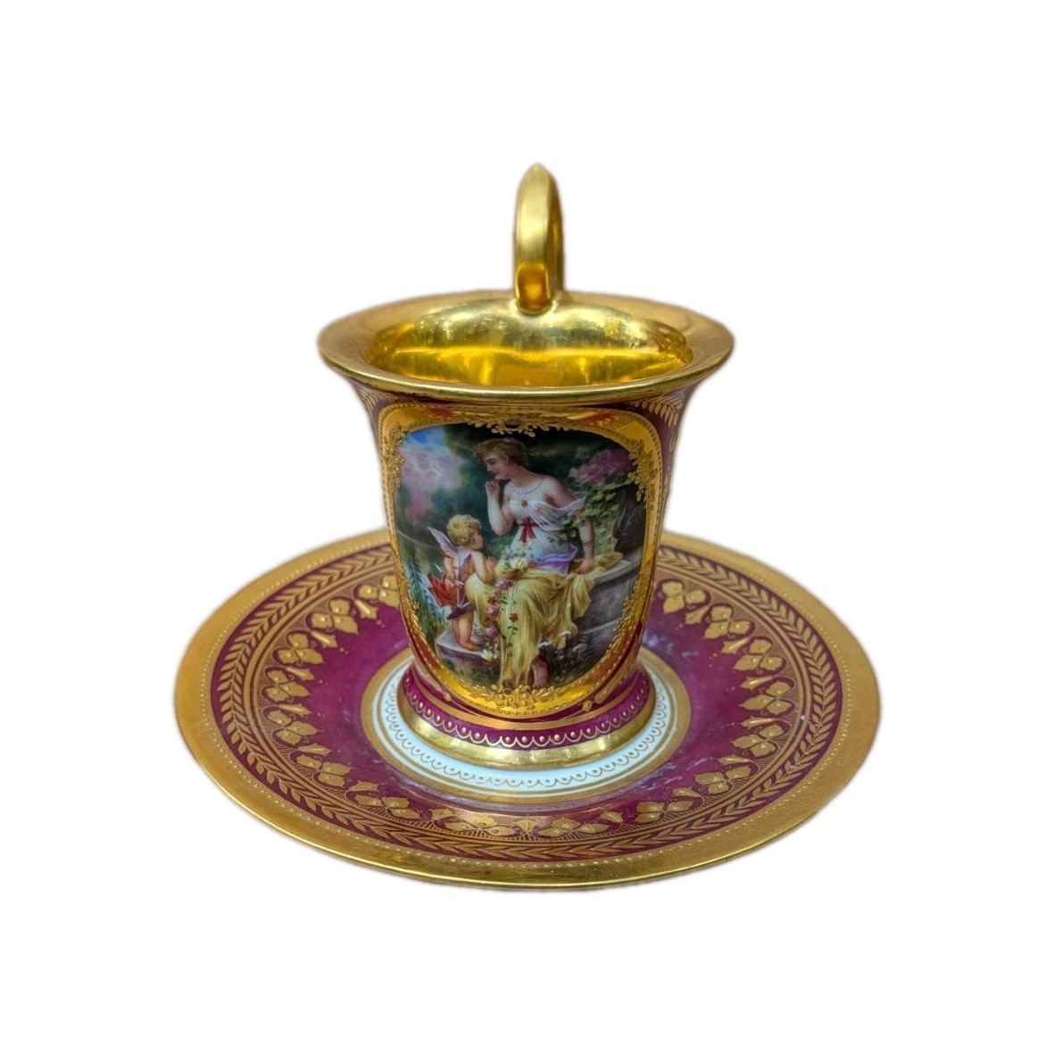 Antique 19th C Royal Vienna Style Porcelain Demitasse Cup Saucer Angel Cherub #2