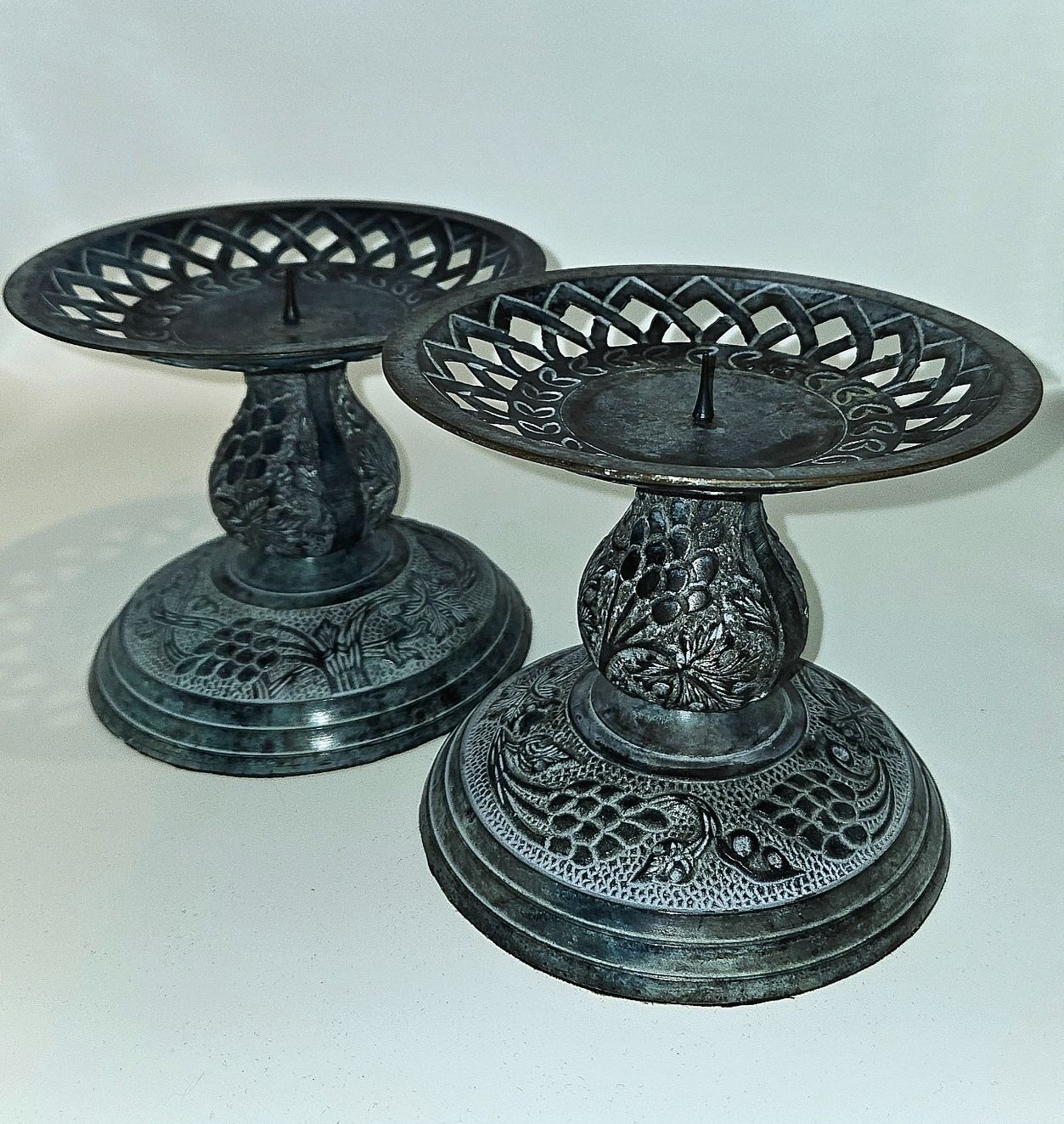 Pair Of Engraved METAL CANDLE Stands, Verdigris Finish & Lattice Rim 5x6\