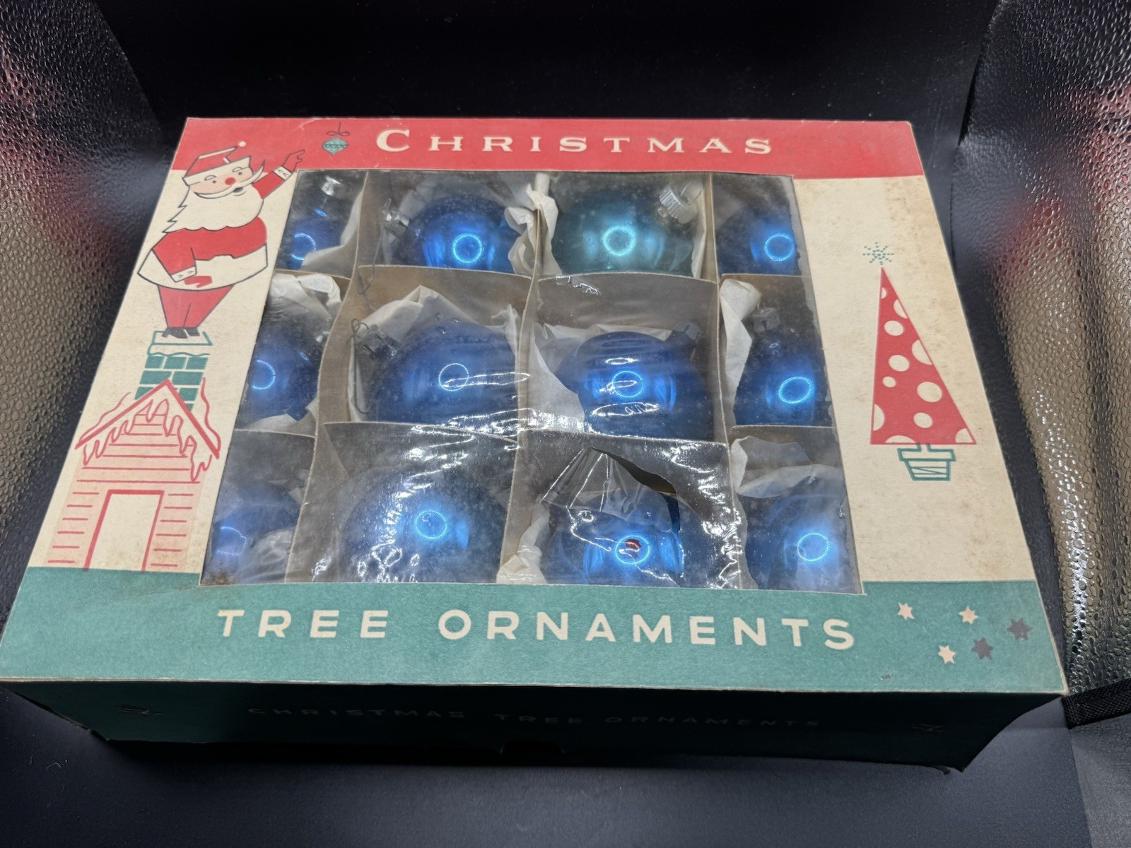 Fantasia Brand Mercury Glass Christmas Ornaments Box Blue One Dozen,  1-3/4” Vtg