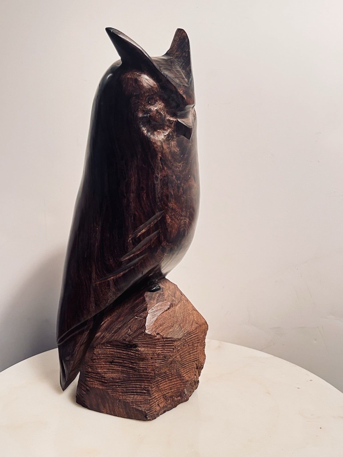 VTG Ironwood Horned Owl Hand Carved Wood Sculpture 12” Perched Bird Figurine