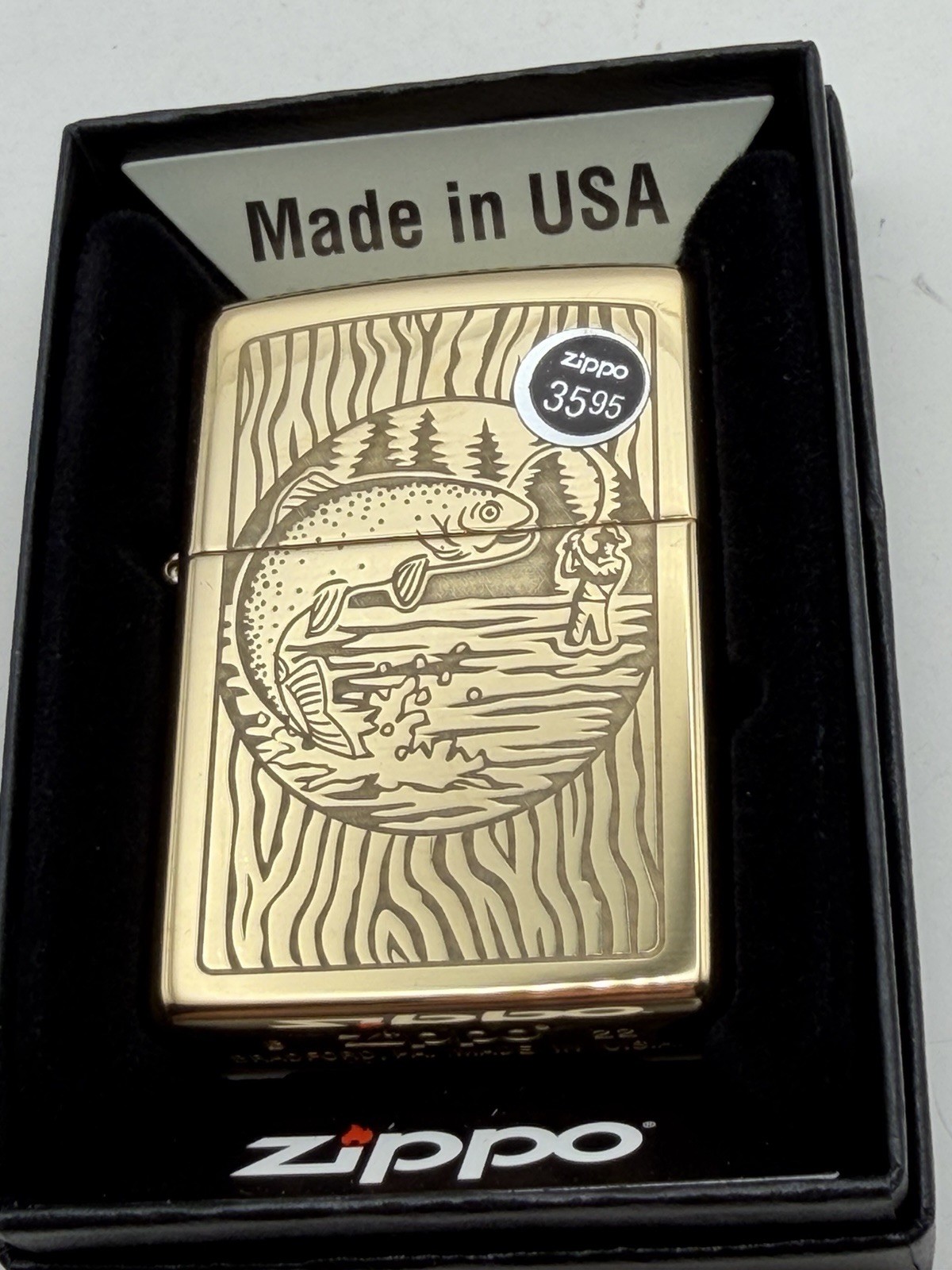 Fisherman At The Lake High Polish Brass Zippo Lighter New 49610 Fisherman At The Lake High Polish Brass Zippo Lighter New 49610