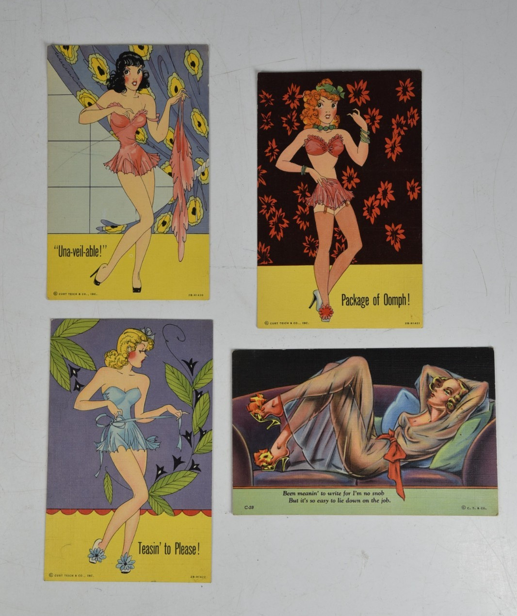 4 Vintage Curt Teich & Co Pin-Up Postcards Modern Girl Comics MCM Lingerie 1940s