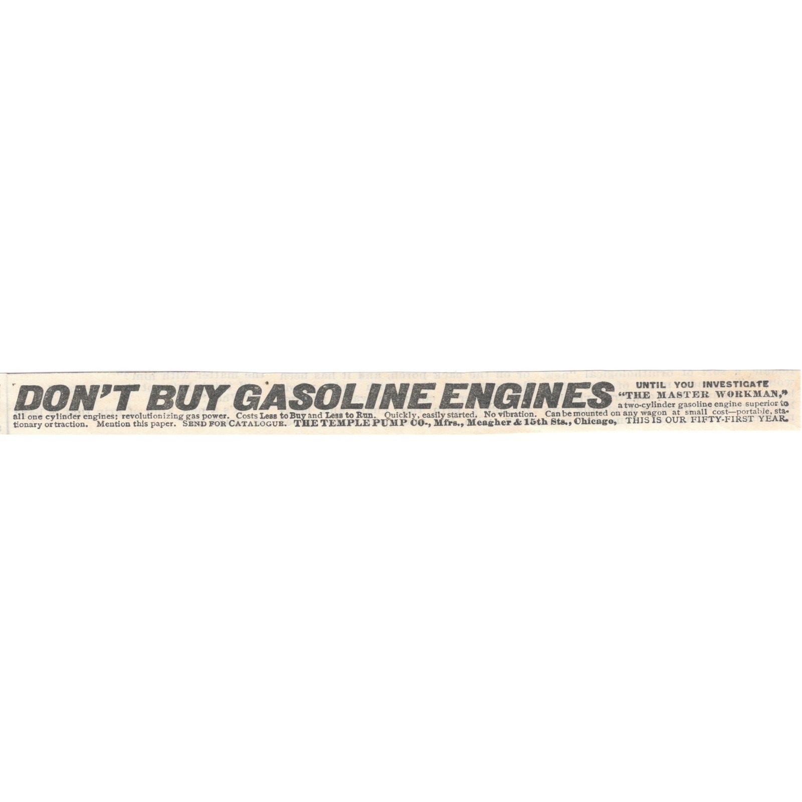 The Temple Pump Co Master Workman Gas Engine Chicago 1905 Magazine Ad AF1-NEH