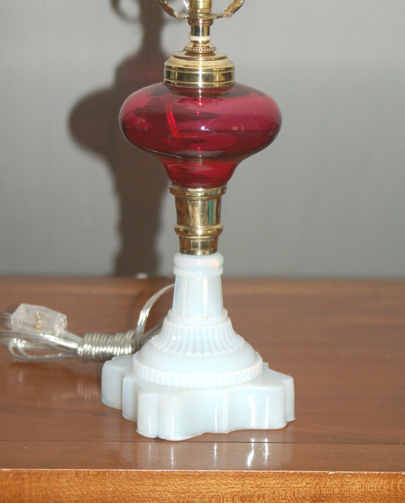 Red CRANBERRY MILK Glass HURRICANE Lamp Brass White Oil Conversion Fenton Lg