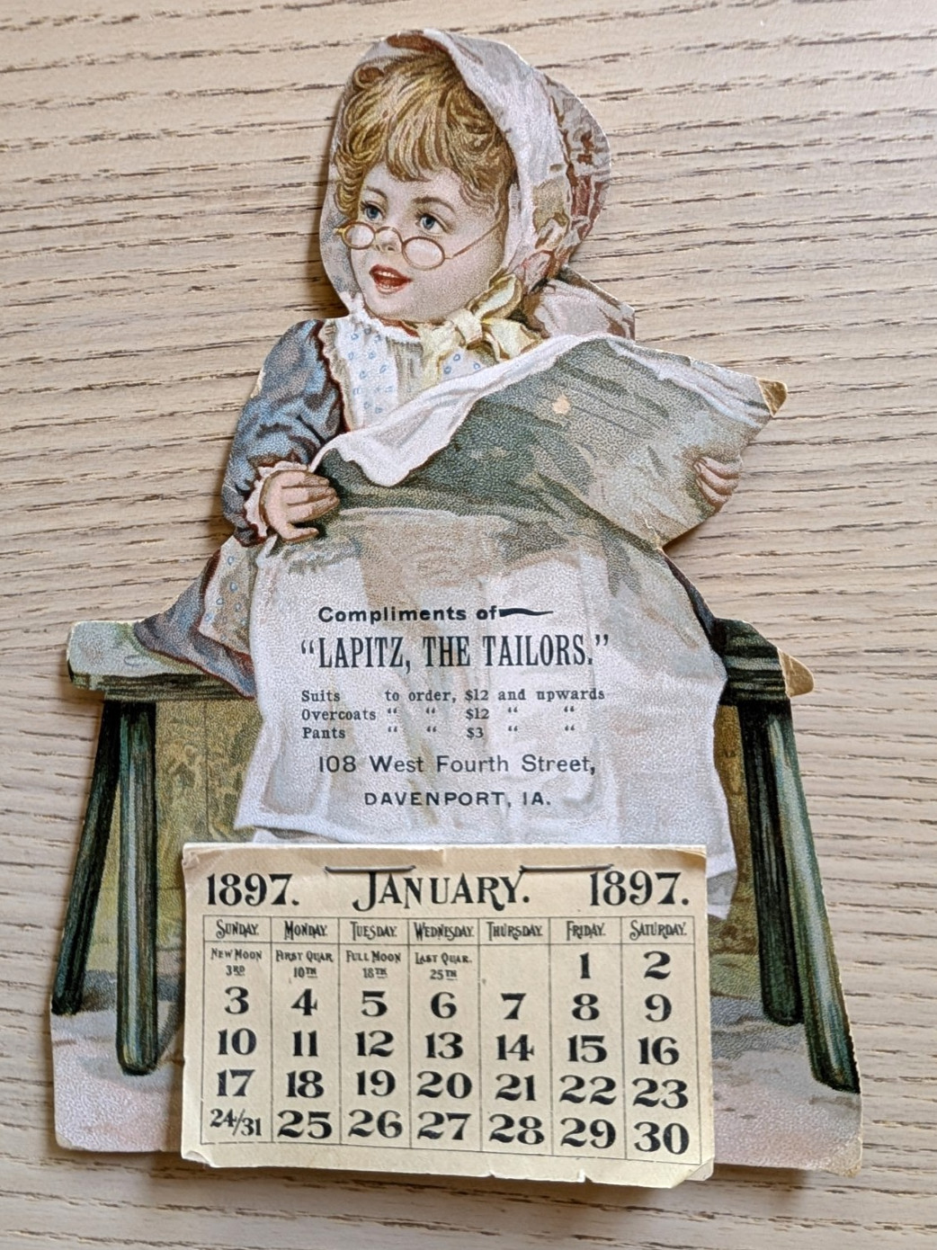 Antique 1897 Easel Calendar Tailor Davenport Iowa Child Reading Newspaper vtg