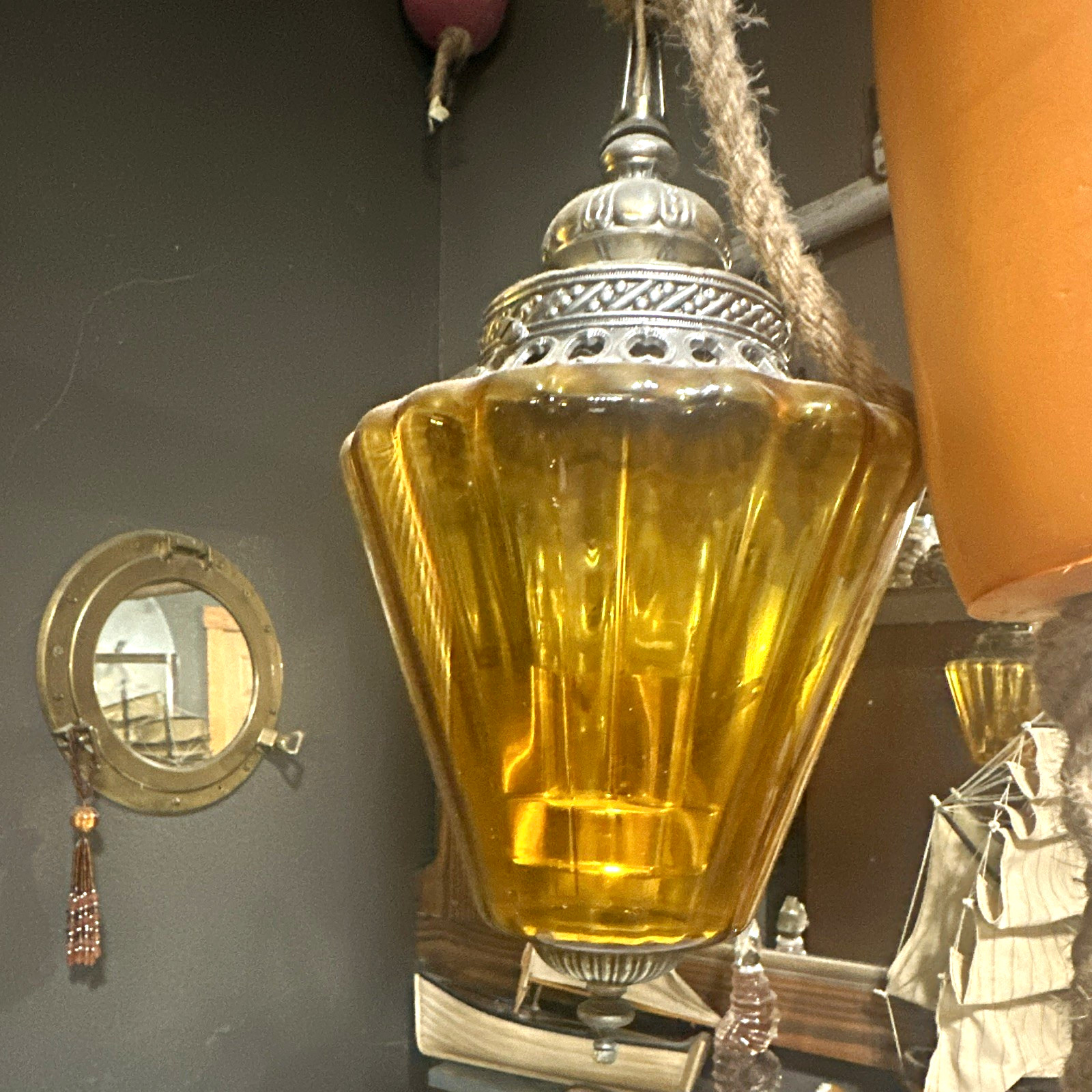 Amber Glass Hanging Pendant Light Fixture w/ Metal Cap, Indoor Electric, 1 Light Amber Glass Hanging Pendant Light Fixture w/ Metal Cap, Indoor Electric, 1 Light