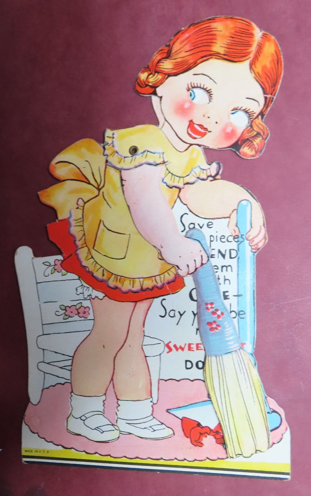 Vintage MECHANICAL VALENTINE*GIRL  W DUST PAN & BROOM *metal rivet *O23