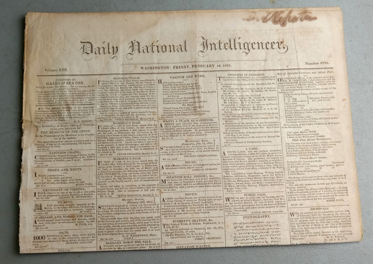 RARE 1825 Contested Election Newspaper National Intelligencer Henry Clay Jackson RARE 1825 Contested Election Newspaper National Intelligencer Henry Clay Jackson