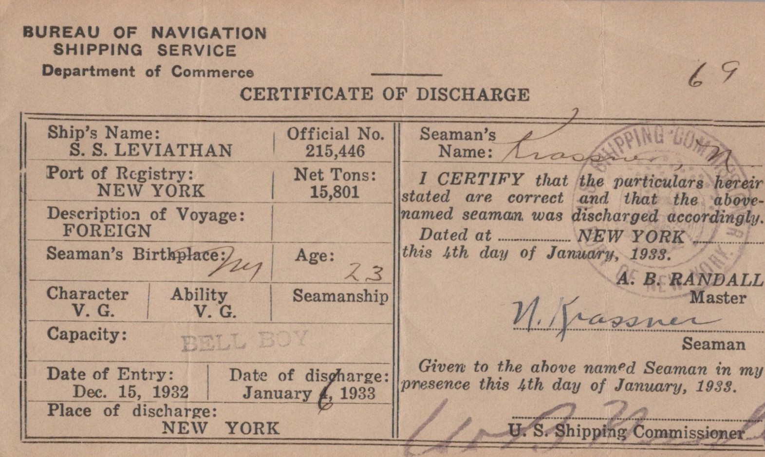 BUREAU OF NAVIGATION S.S. LEVIATHAN -CERTIFICATE OF DISCHARGE NY 1933 BELL BOY d