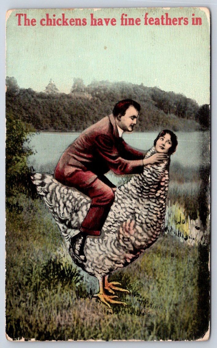 Antique Surreal Fantasy Man Riding Giant Chicken Fine Feathers 1910 Antique Surreal Fantasy Man Riding Giant Chicken Fine Feathers 1910