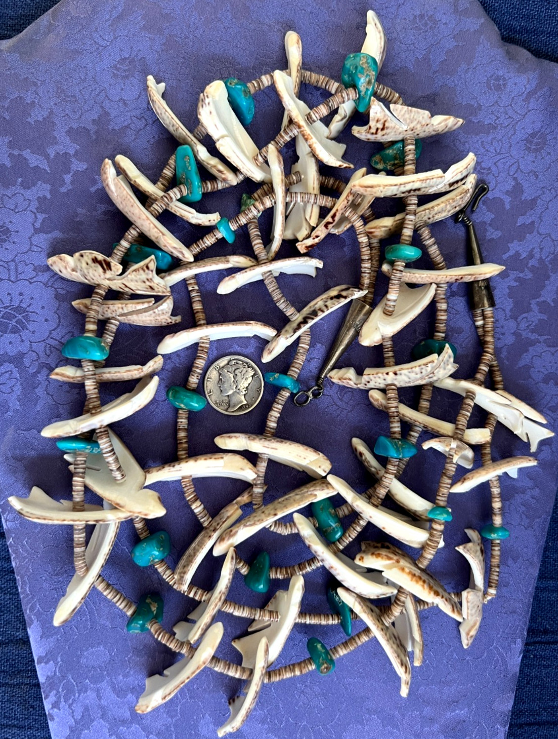Heavy Native American Carved Shell Bird Fetish Turquoise Necklace 31 Inch