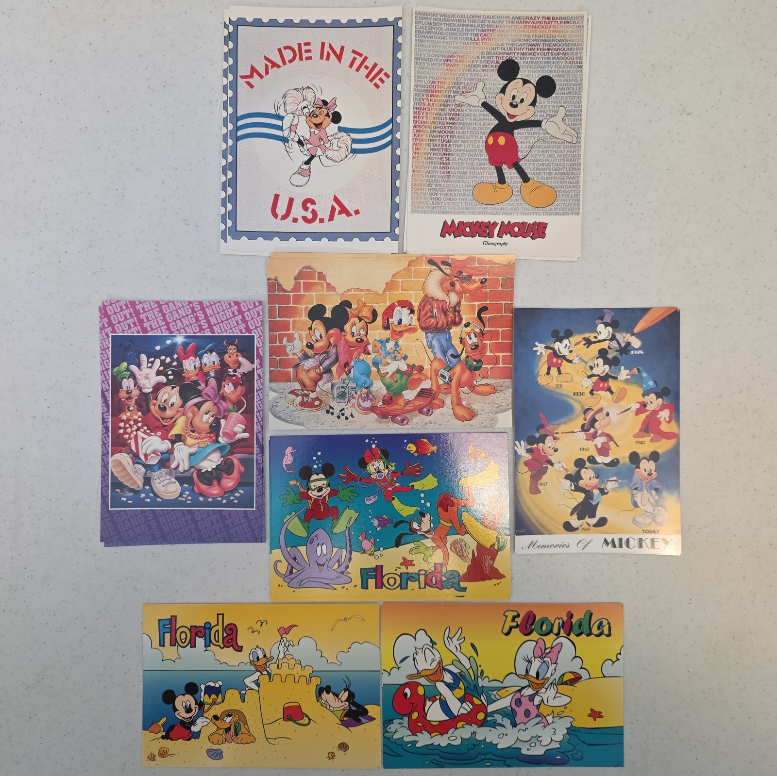 8 Vintage Disney Postcards Lot Mickey Memories Gang's Night Out NOS 80s 90s