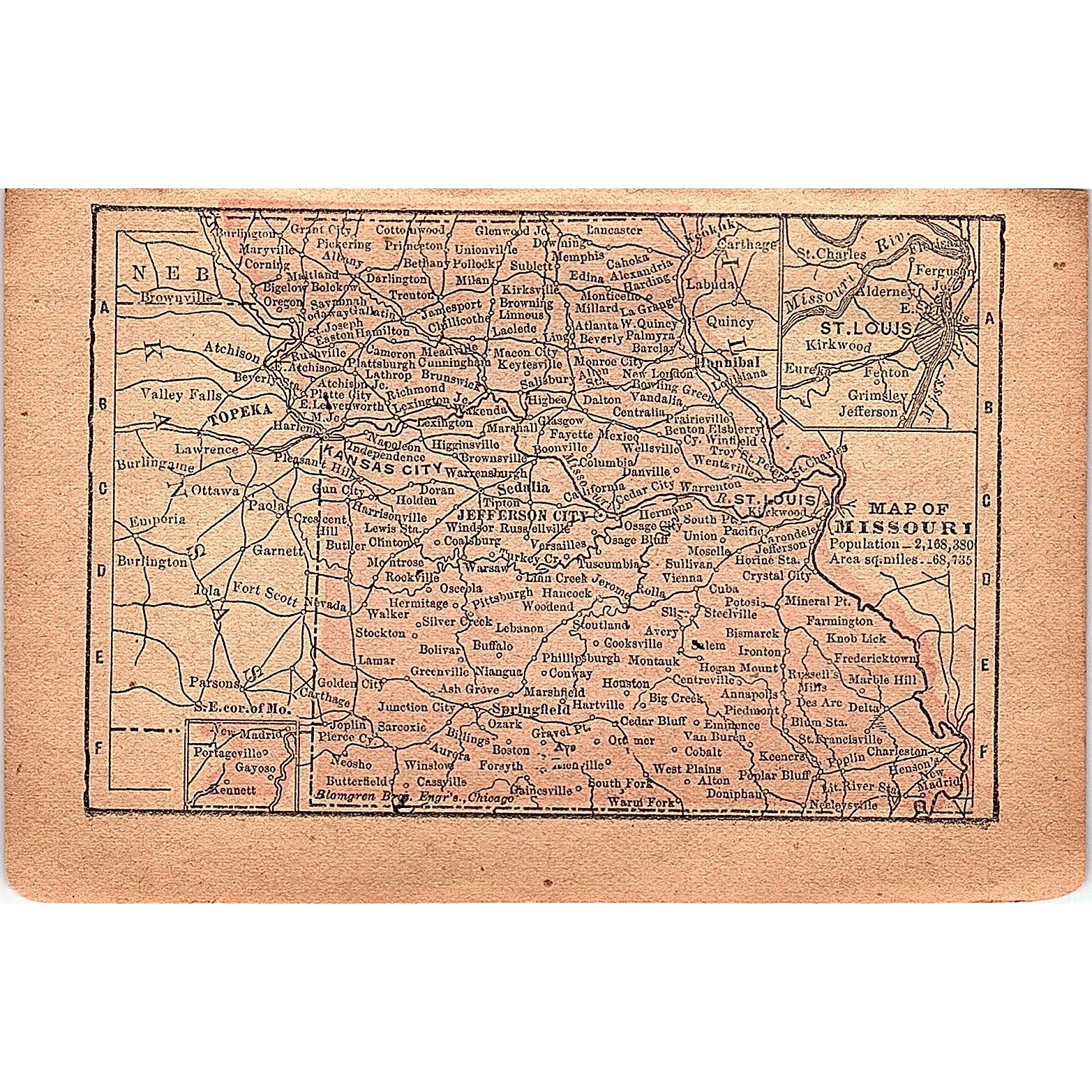 Antique 1889 Map of Missouri 1889 Pocket Map Engraving SAG4-H3