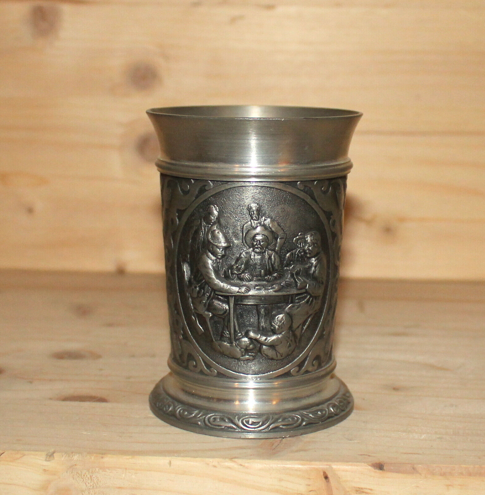 Vintage German hand made ornate pewter cup mug