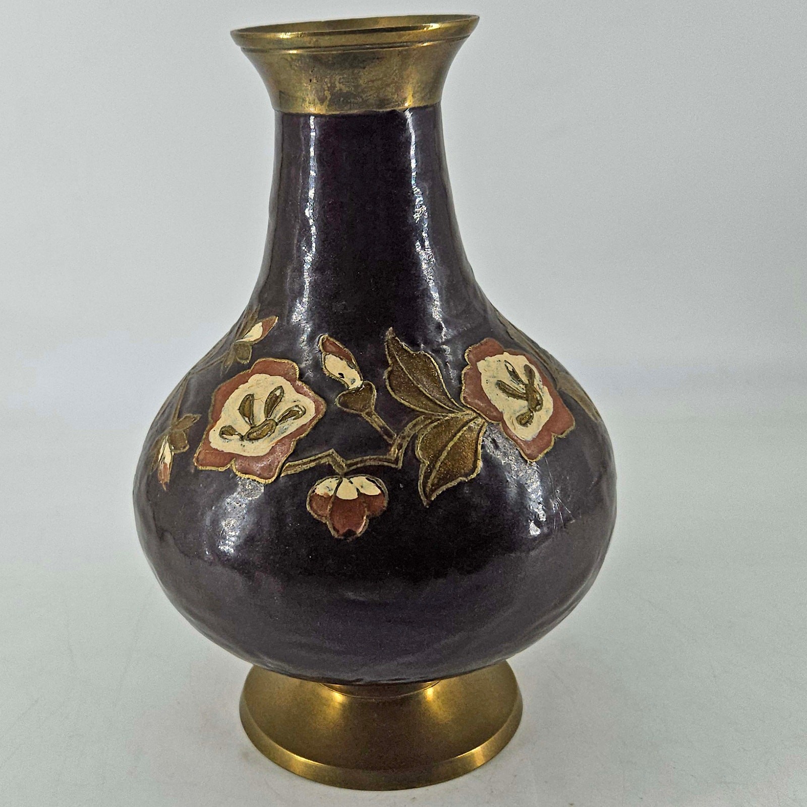 Vintage Hand Crafted heavy brass Enameled Vase Floral