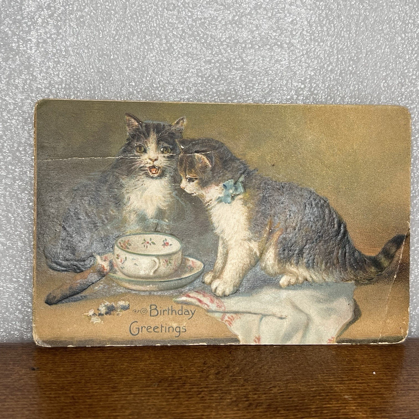Tucks vintage Embossed Funny Birthday Greetings Postcard Two Cats Cigar Saucer