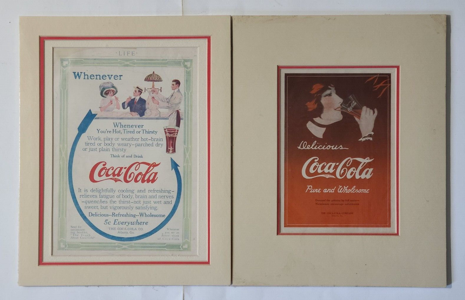 Antique 1911 & 1914 Lot of 2 Coca Cola Adverting Print from Magazine, Matted