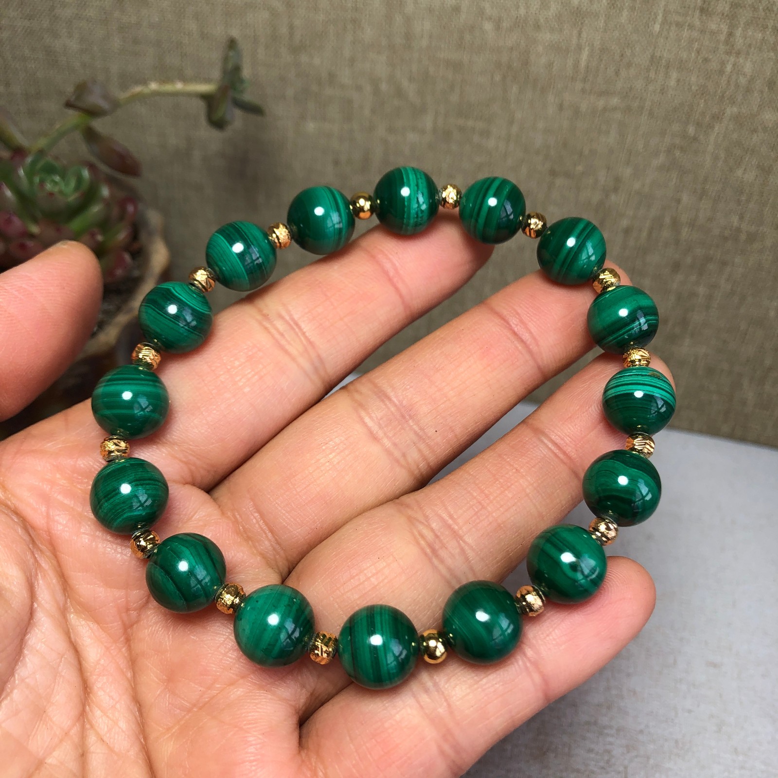 10mm Natural malachite gemstone Crystal chain beads bracelet 38-39g A4100