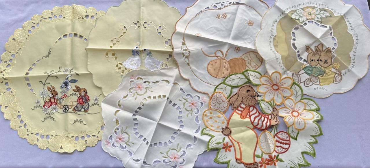 9 Vintage Round Doilies Easter Spring Bunny Flowers Various Sizes Lot No 01