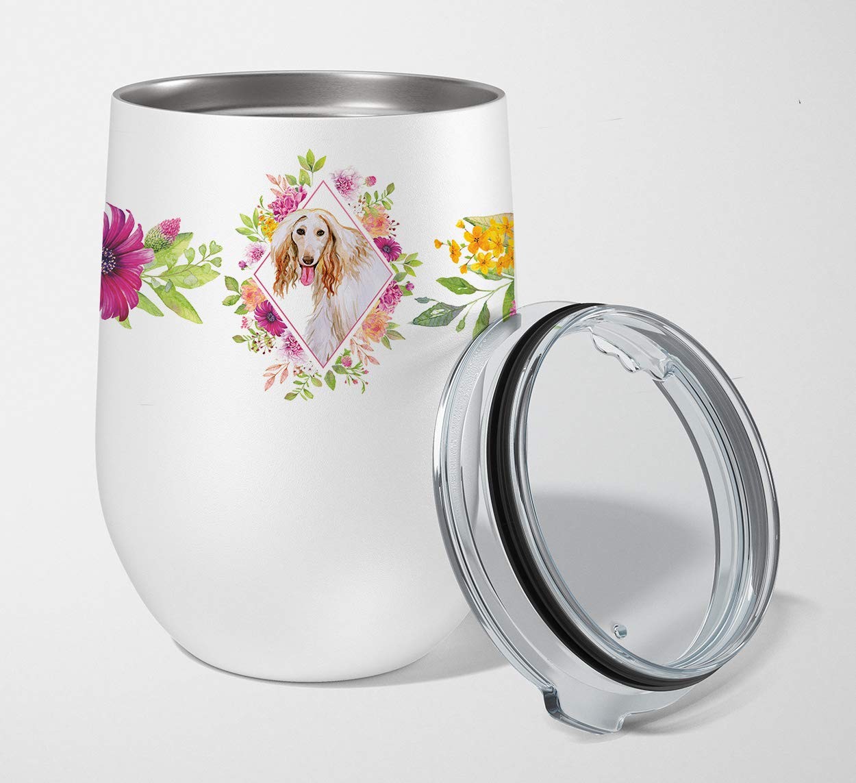 Caroline\'s Treasures CK4110TBL12 Afghan Hound Pink Flowers 12 oz Stemless Wine