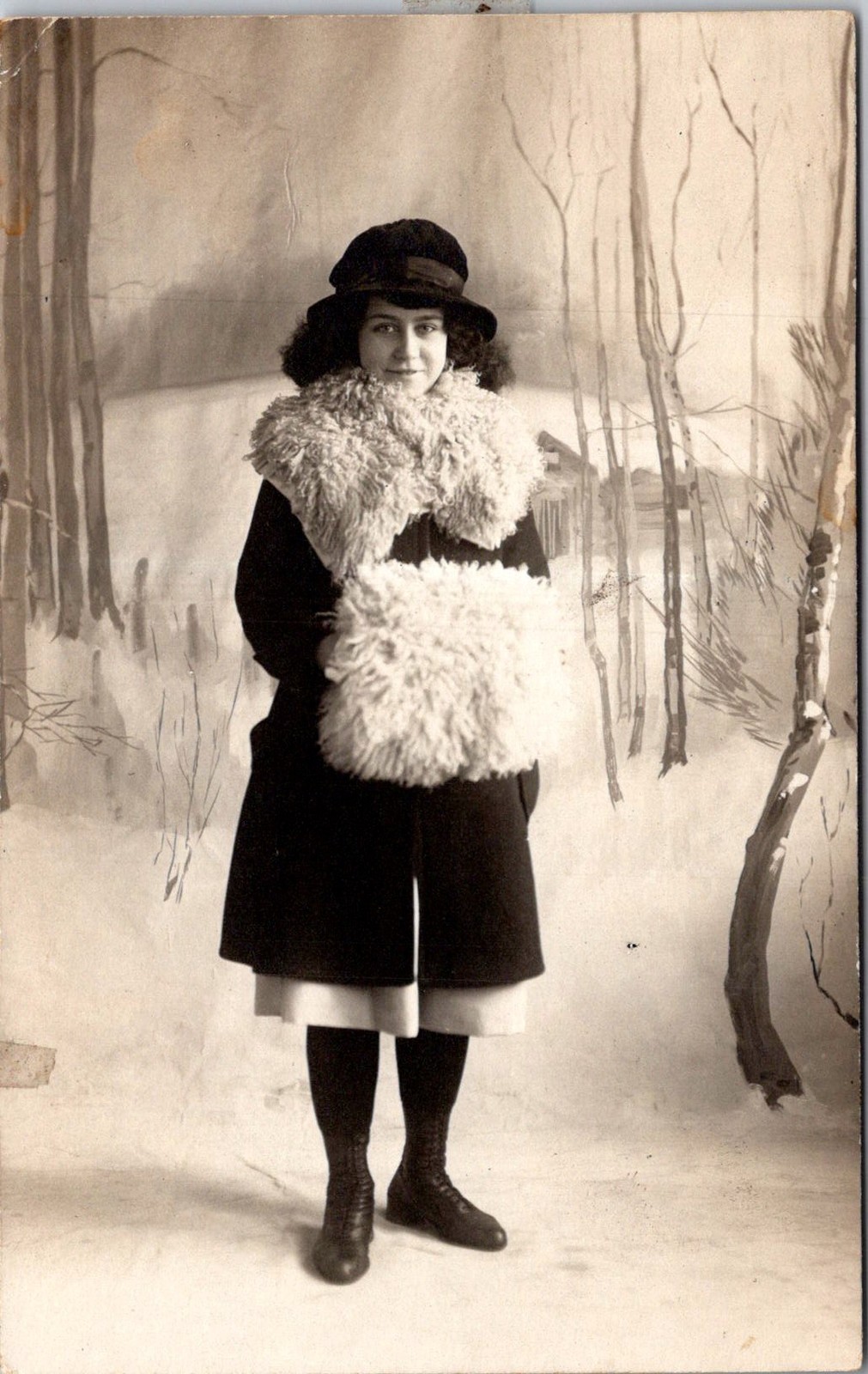 Woman in Winter Coat with Fur Muff RPPC Vintage Postcard 4P27-6 Woman in Winter Coat with Fur Muff RPPC Vintage Postcard 4P27-6