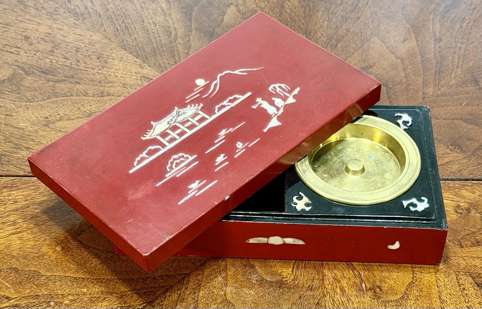 Vintage MCM Red Chinese Lacquer Smoking Box with Brass Ashtray Cup Vintage MCM Red Chinese Lacquer Smoking Box with Brass Ashtray Cup