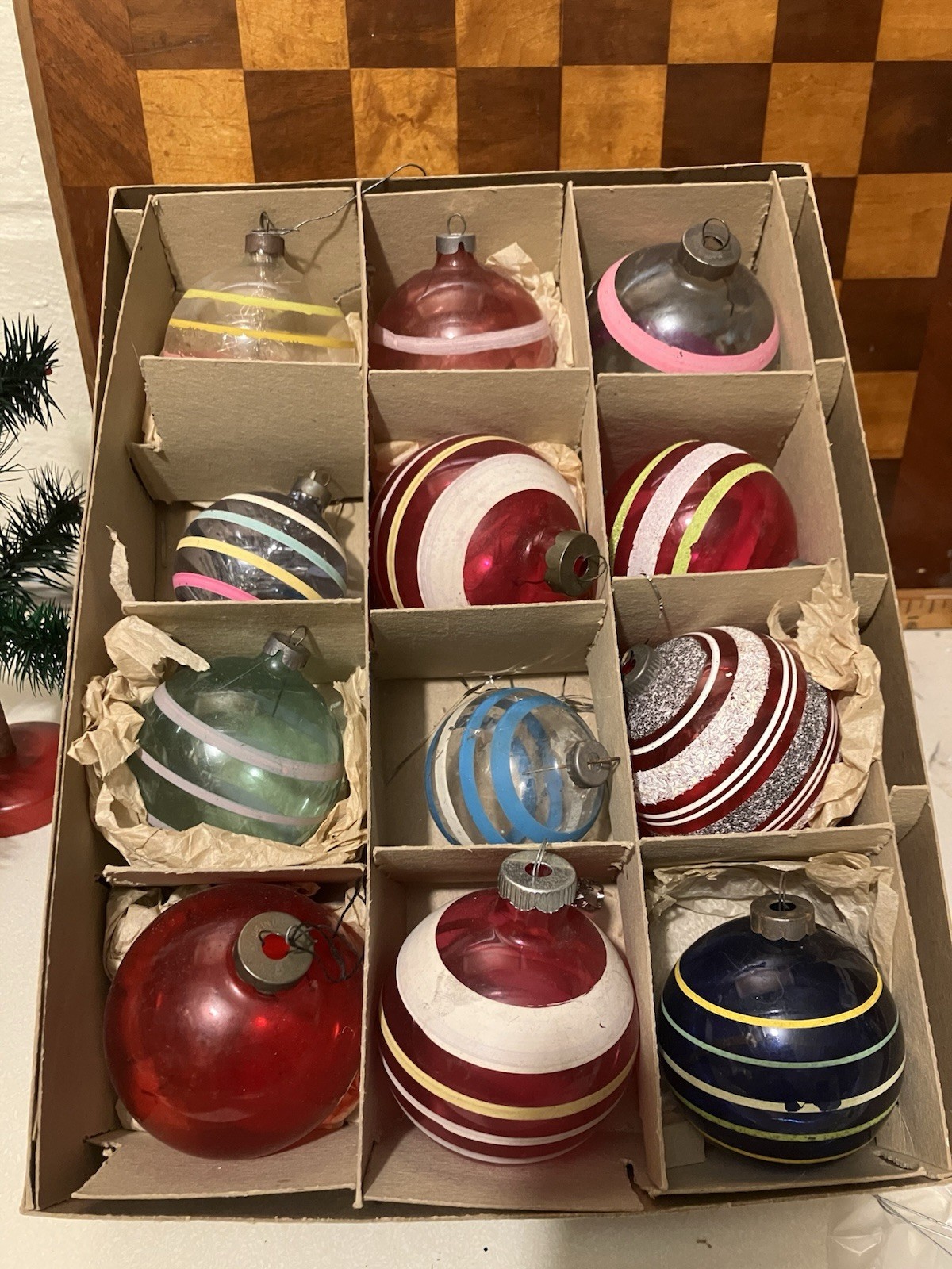 Vintage Premier Shiny Brite Lot 12 Christmas Ornaments Unsilvered Stripe Tinsel