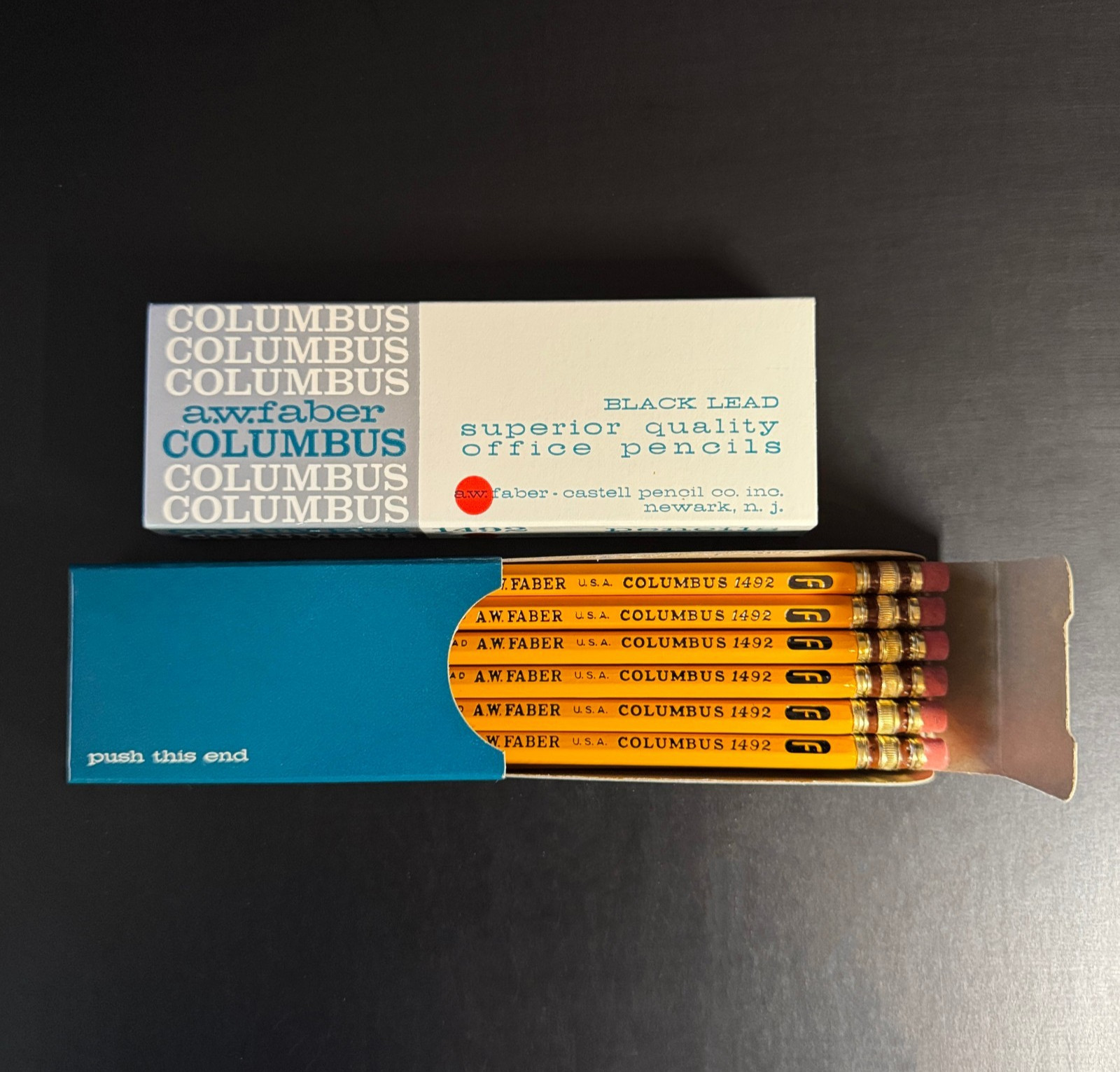 Vintage A.W. Faber Columbus 1492-F Firm Pencils Box of 12 NOS USA