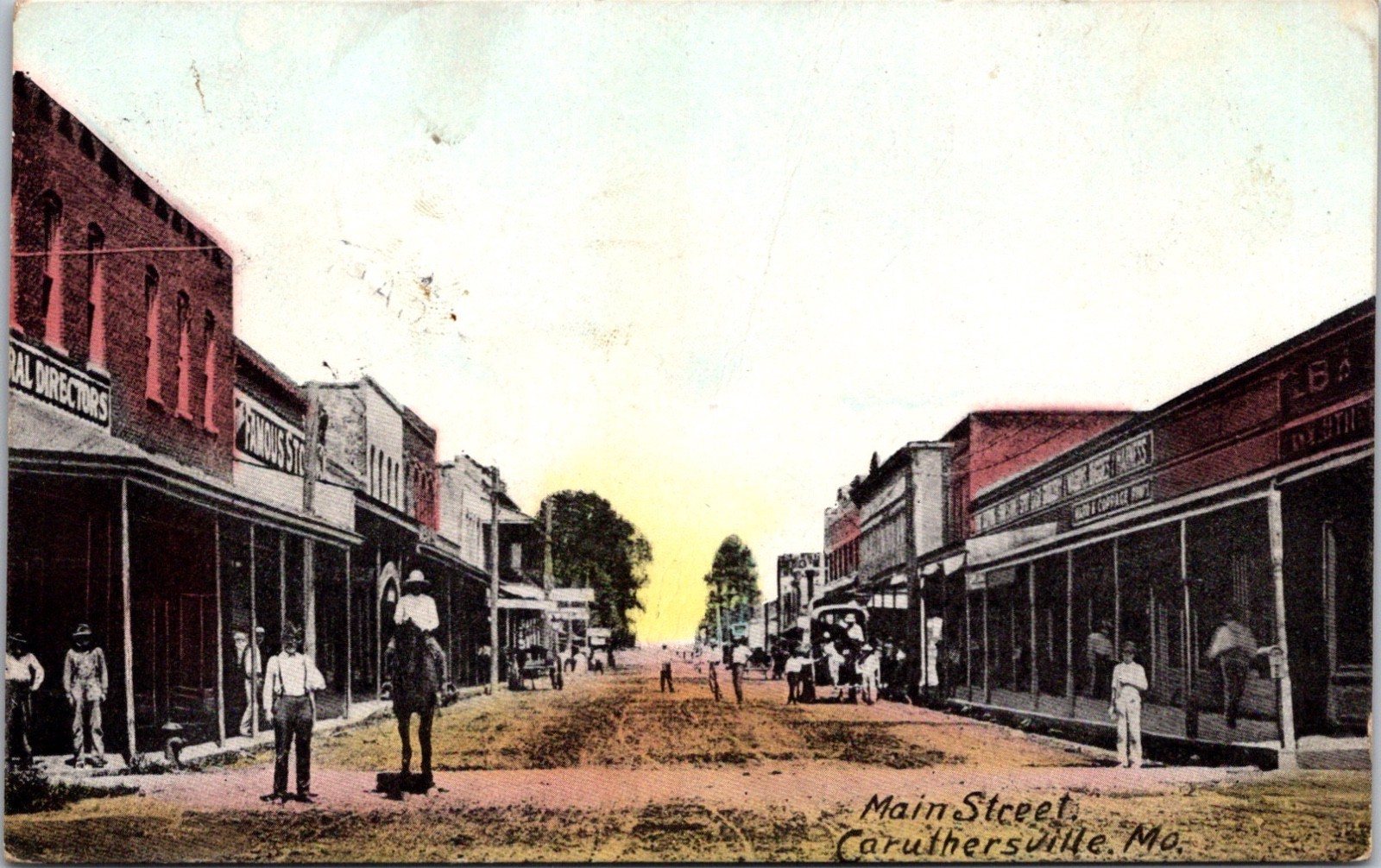 Postcard Missouri Caruthersville Main Street Horse & Rider Advertising Signs \'09