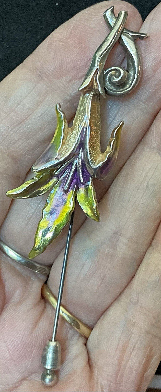 Sterling Silver Poured Enamel Art Nouveau Lily Antique Stick Pin 
