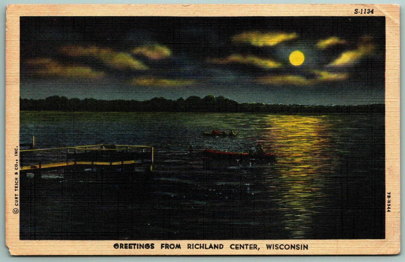 Generic Moonlit Lake Greetings From Richland Center WI Linen Postcard I1