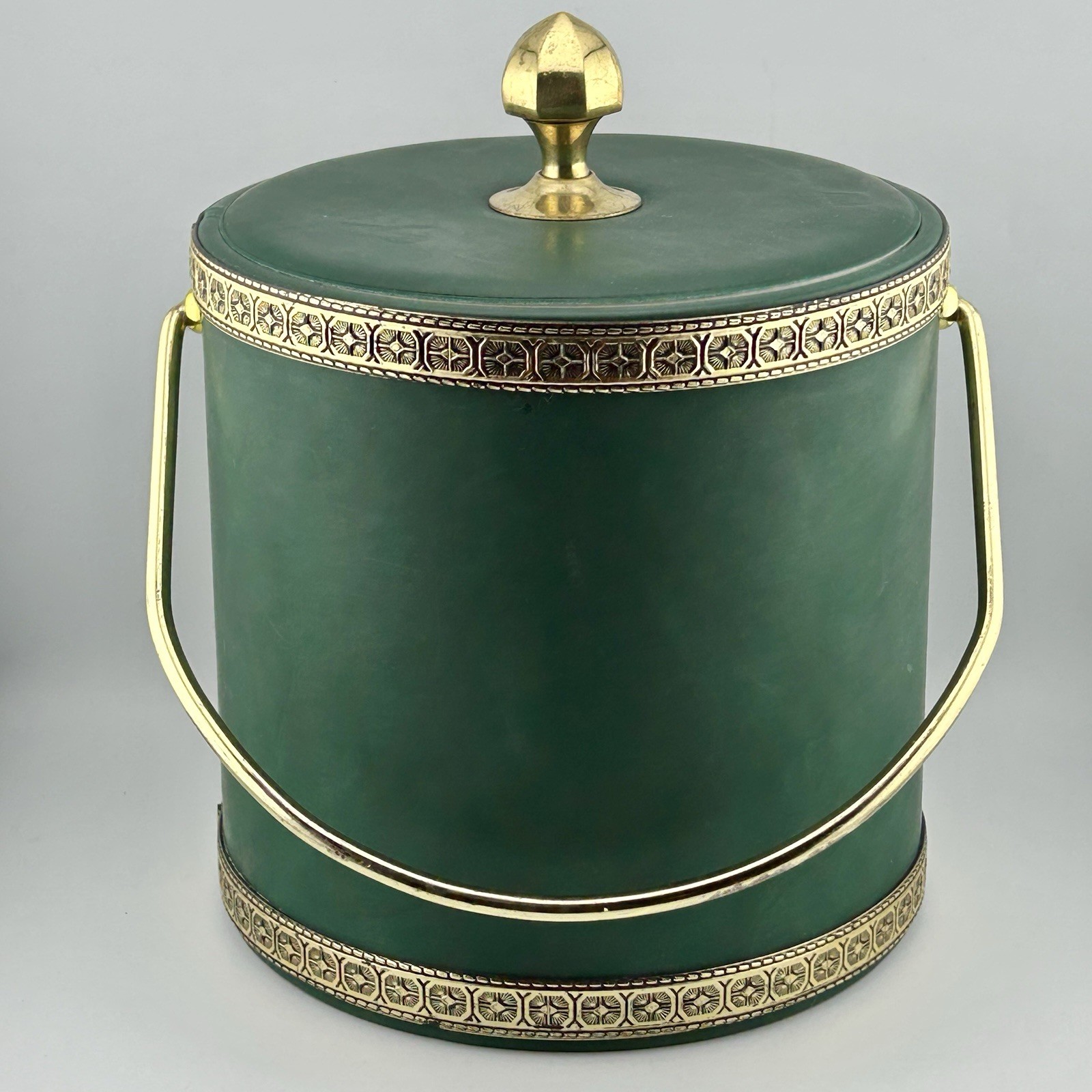 Vintage Kraftware Green Vinyl Ice Bucket w/ Brass Trim & Handle MCM Barware USA Vintage Kraftware Green Vinyl Ice Bucket w/ Brass Trim & Handle MCM Barware USA