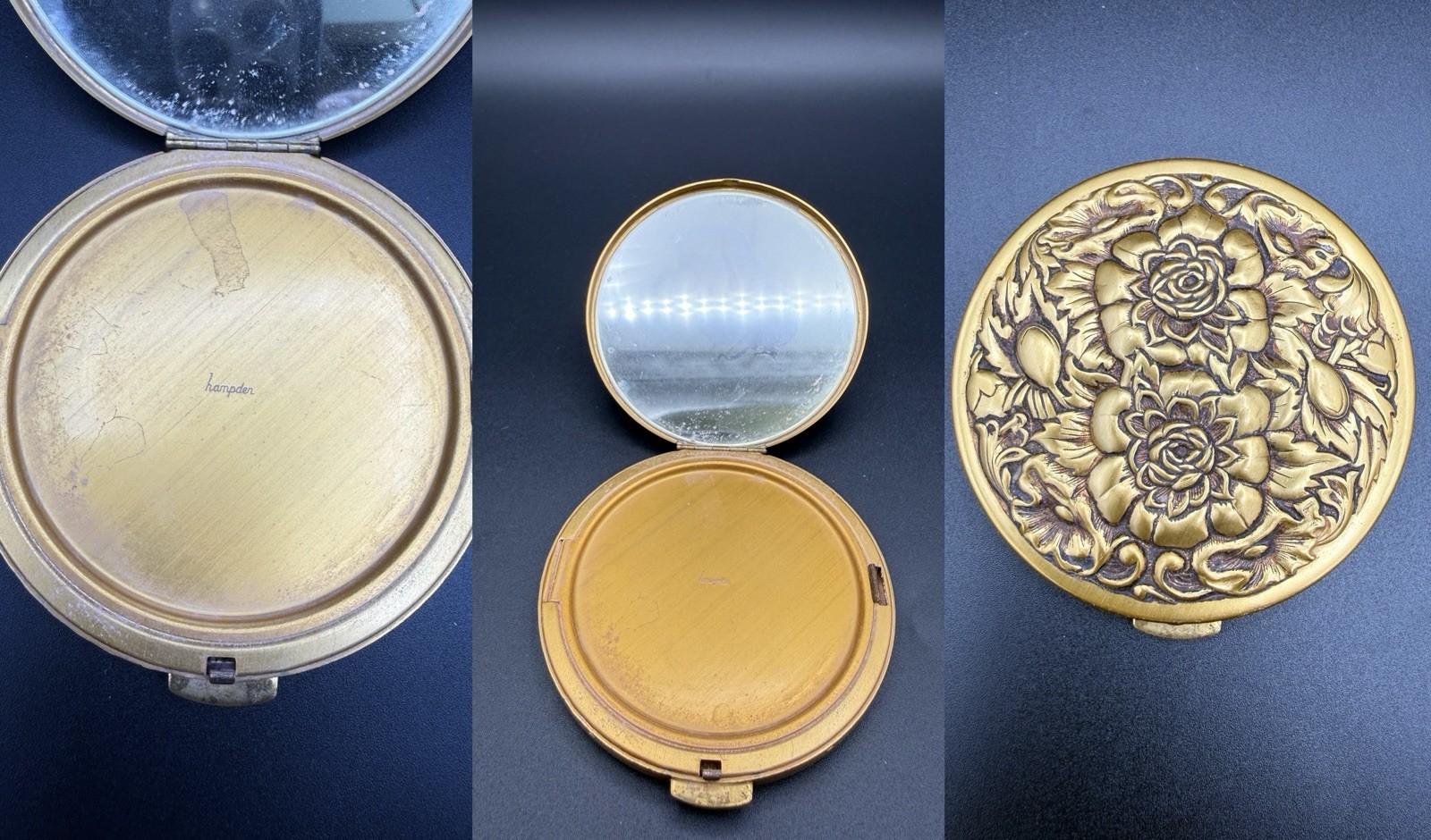 Vintage Tre Jur Repoussé Floral Powder Compact 1930s