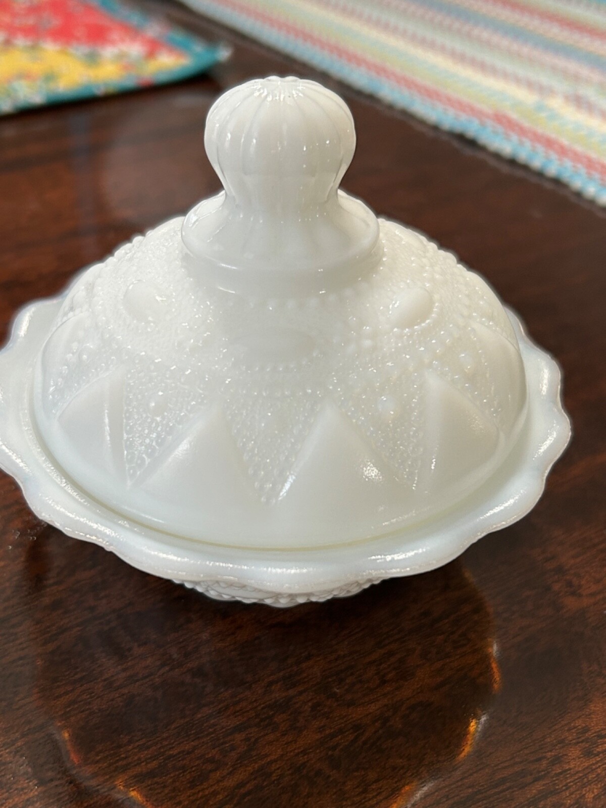 Kemple Milk Glass Covered Candy Nut Dish Raised Lace & Dewdrop Pattern 5.5 Kemple Milk Glass Covered Candy Nut Dish Raised Lace & Dewdrop Pattern 5.5