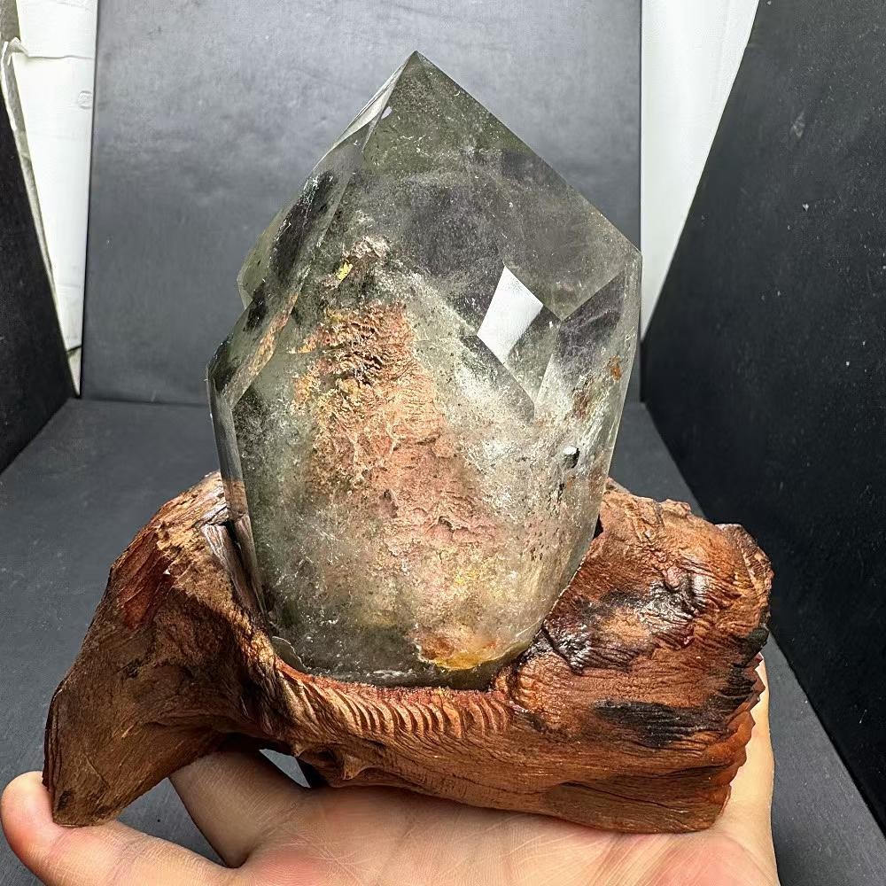 2.14LB Natural Red Phantom Quartz Obelisk Crystal Tower Point Reiki Decor+Stand