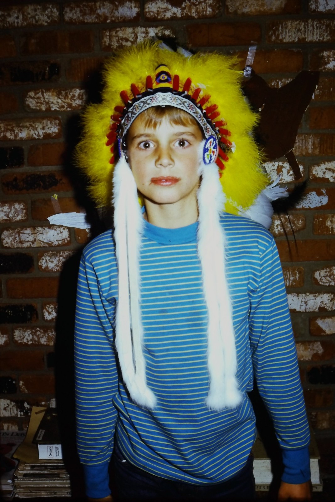 c1960's Kodachrome 35mm Slide, Young Boy Native Headdress yellow blue mid Wall c1960's Kodachrome 35mm Slide, Young Boy Native Headdress yellow blue mid Wall