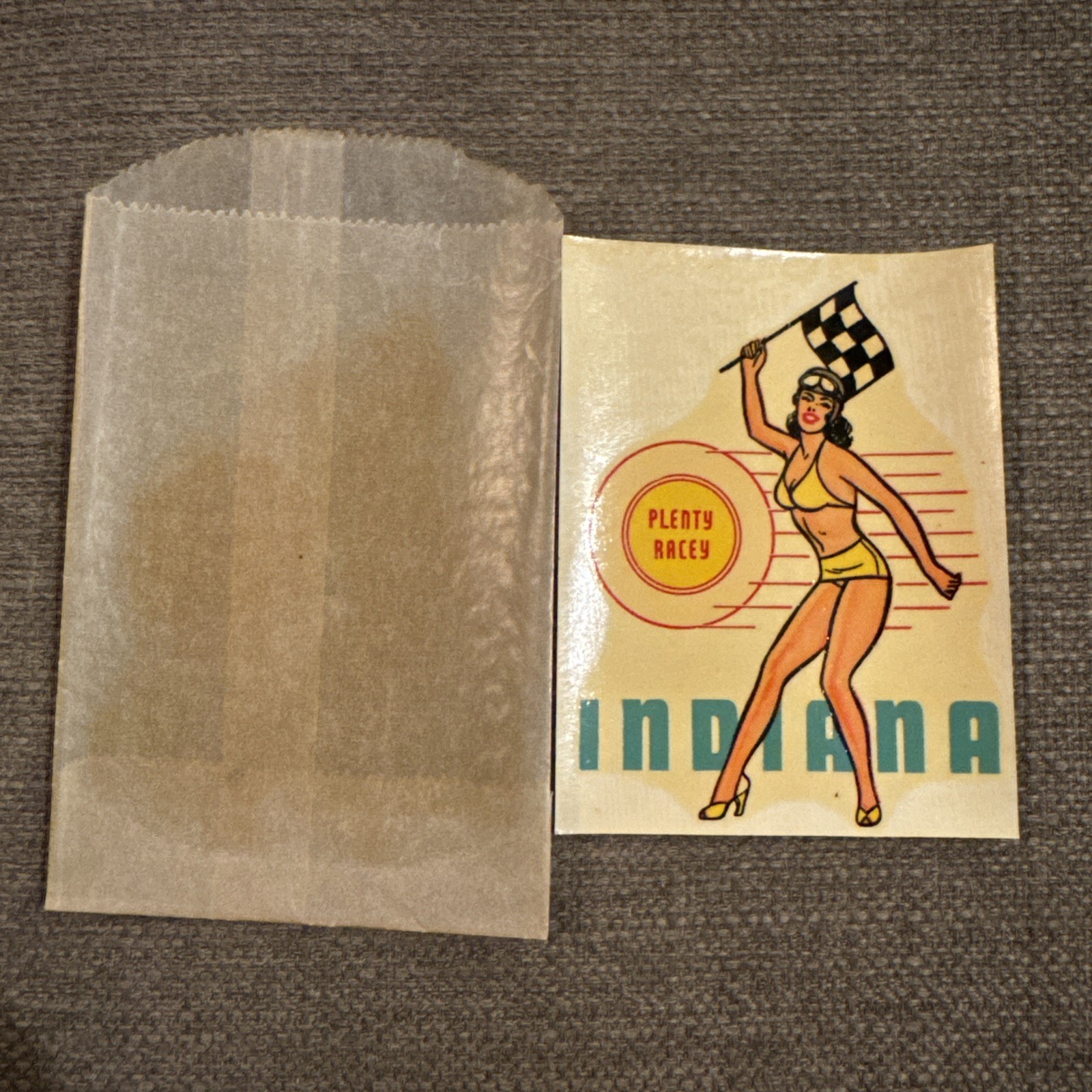 Indiana “Plenty Racey” Racing Vintage 1940s pin-up Luggage Water Decal  *READ*