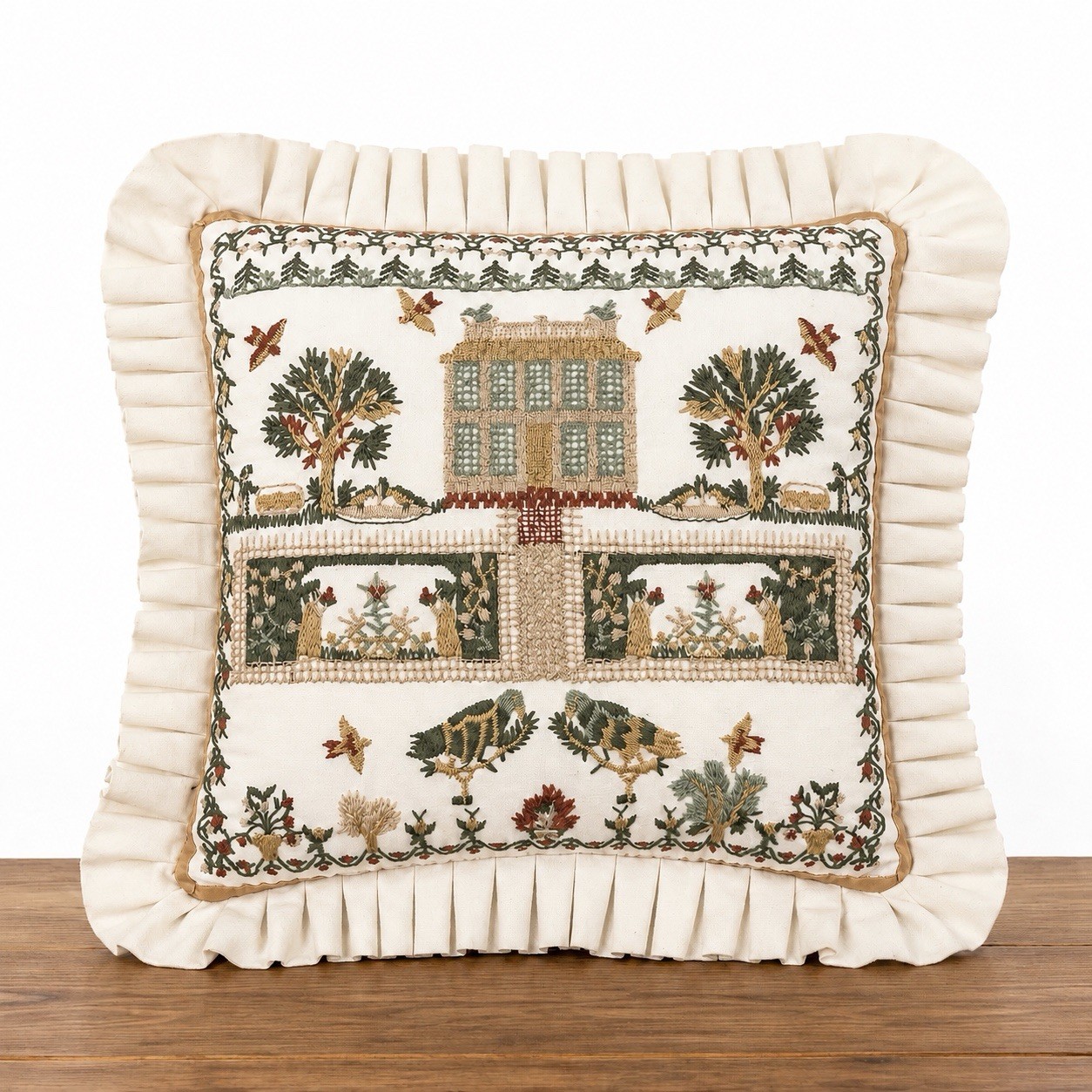 Embroidered Sampler Pillow Vintage Hand-Worked Crewel Needlework Stitch  Cottage
