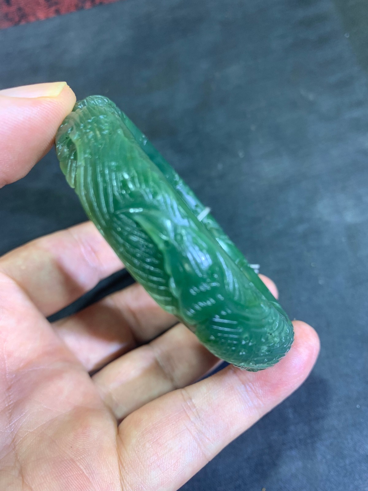 Rare Chinese HeTian Green Jade Hand Carved *Phoenix/Flower* Bangle Bracelet