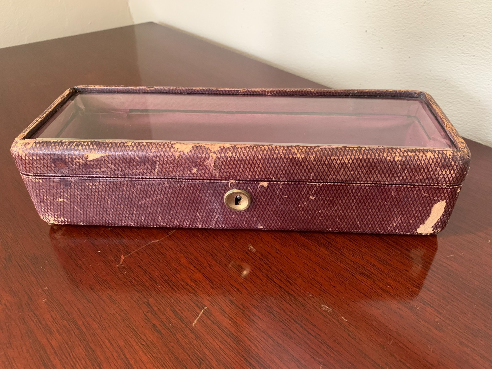 Antique Victorian Leather Covered Glove Box Jewelry Casket Beveled Glass Lid Antique Victorian Leather Covered Glove Box Jewelry Casket Beveled Glass Lid