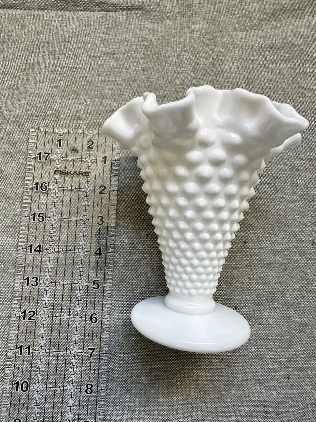 VTG MCM Fenton White Ruffled Crest Milk Glass Hobnail Vase VTG MCM Fenton White Ruffled Crest Milk Glass Hobnail Vase