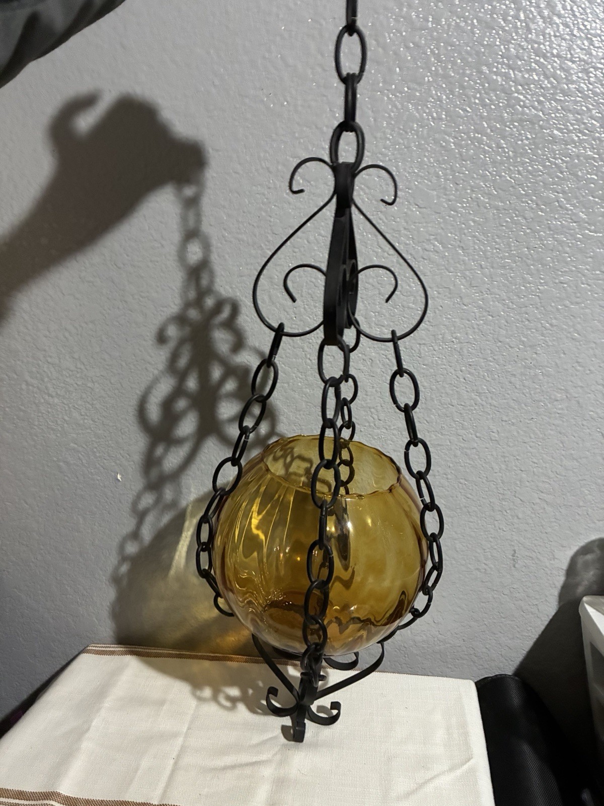 Vintage 1960's-70s Gothic Mission Spanish wrought iron Amber Glass Globe Hanger