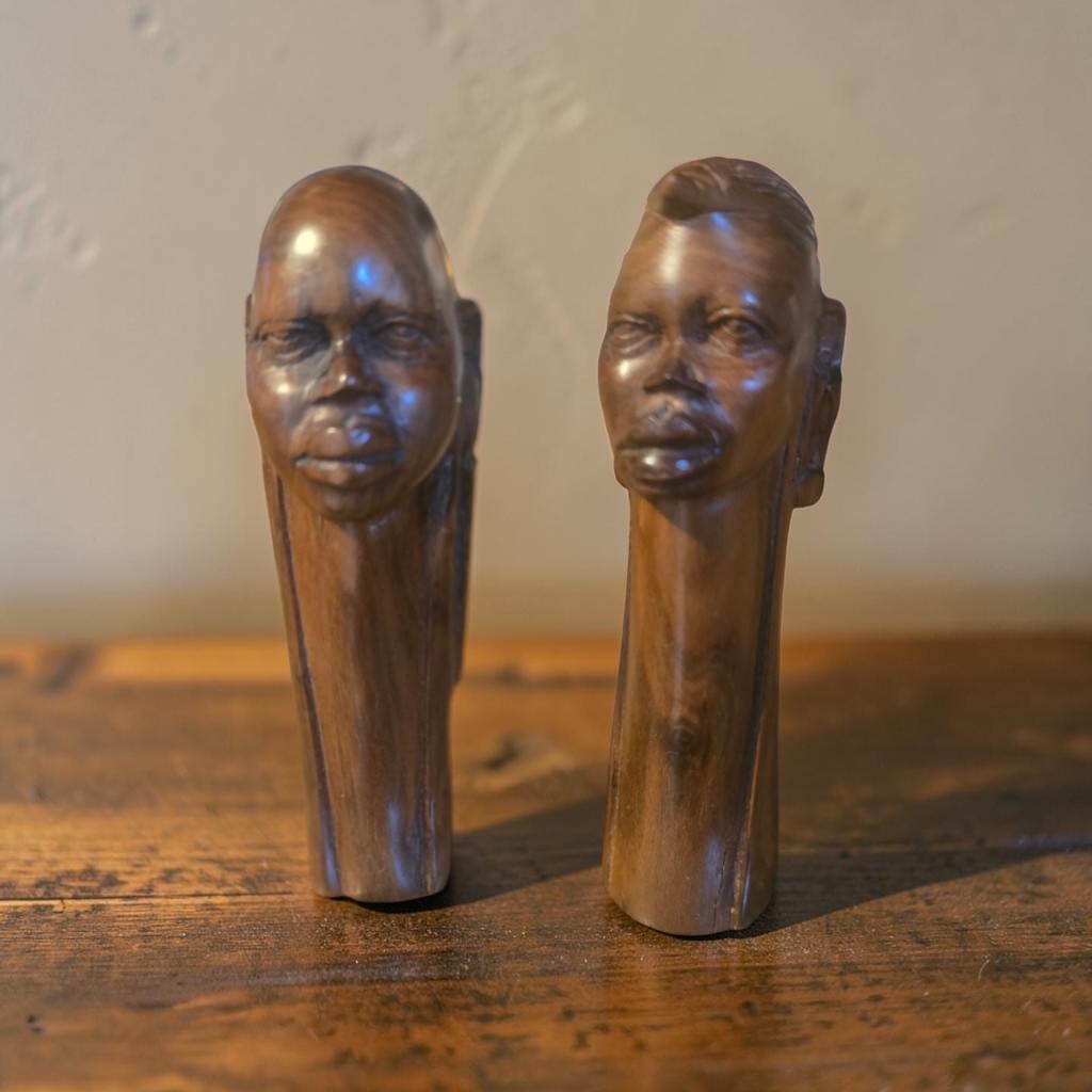 Vintage Pair of African Hand Carved Wood Tribal Head Sculptures Signed Daniel 5 Vintage Pair of African Hand Carved Wood Tribal Head Sculptures Signed Daniel 5