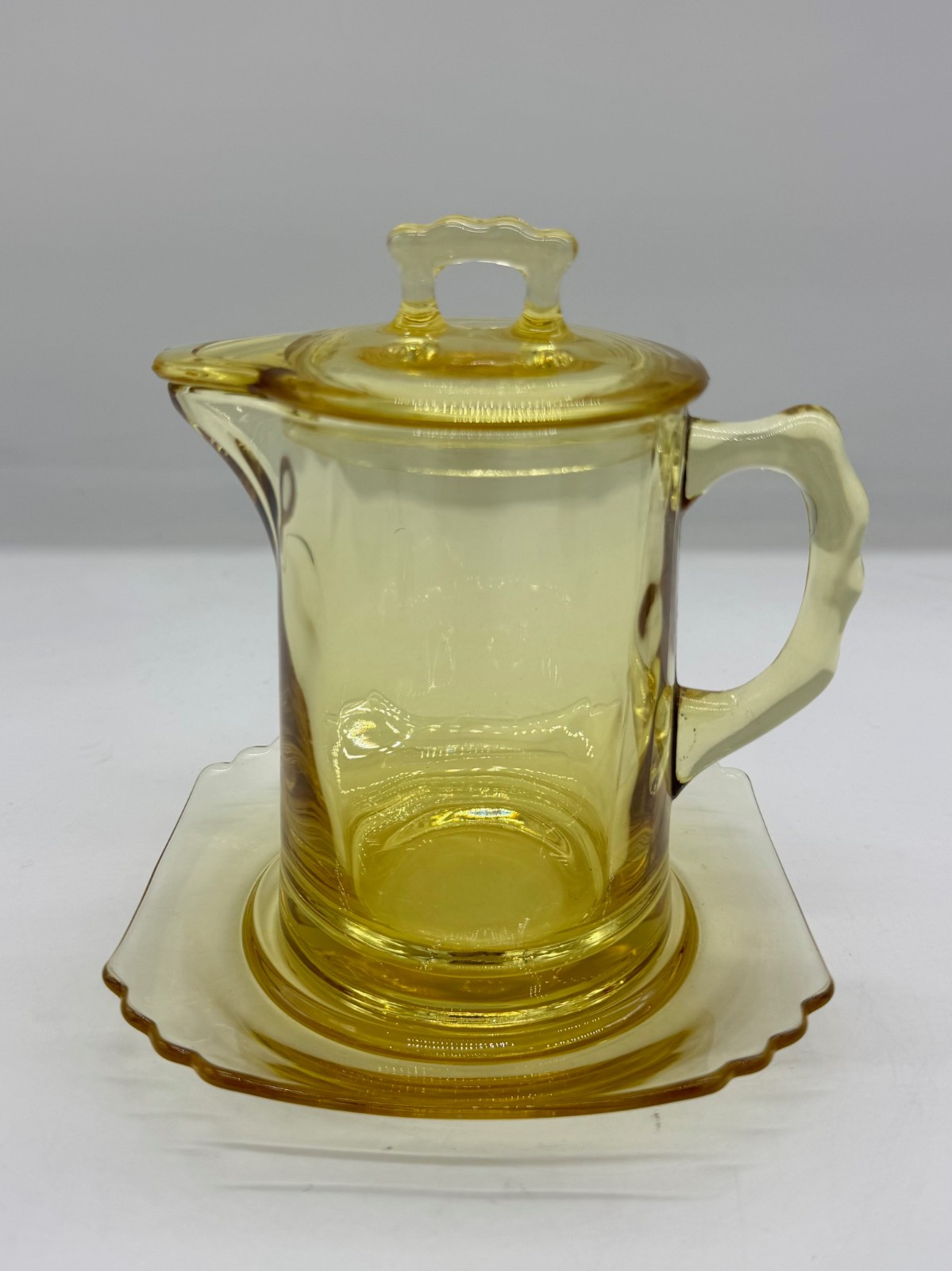 Vintage Fosteria Glass Mayfair Syrup Pitcher Amber Full Set