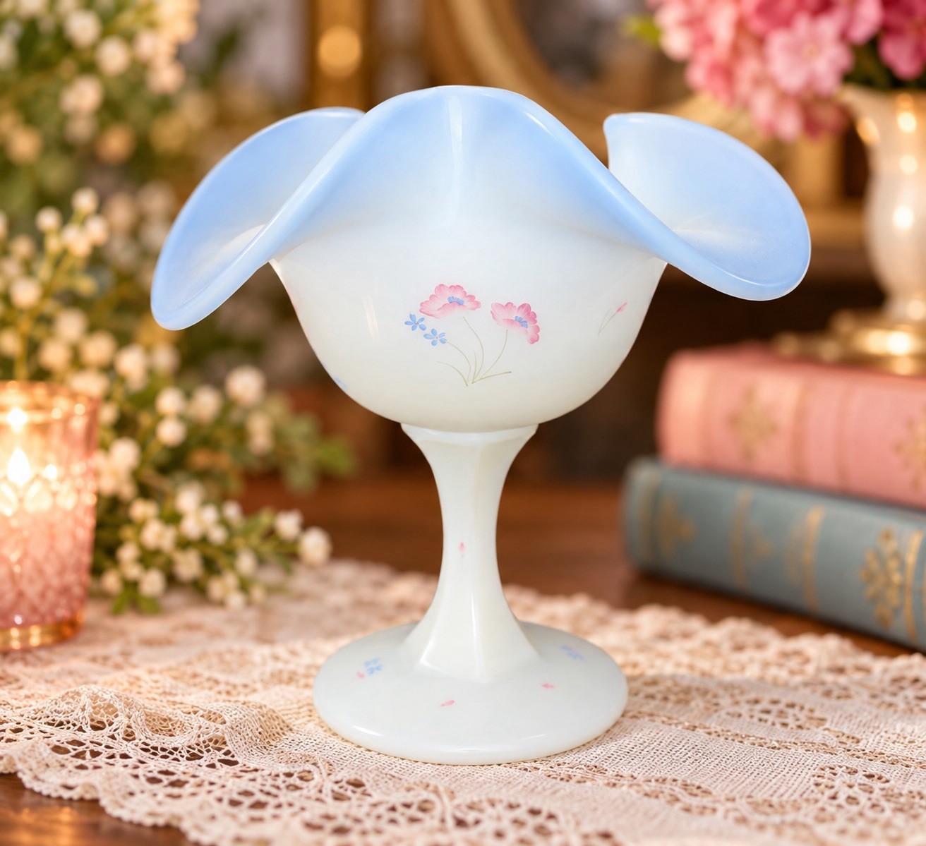 Vintage Fenton Blue Satin Glass Ruffled Compote Hand Painted Floral 1980s