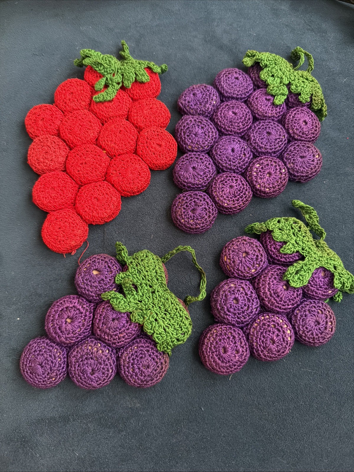 Lot Of 4 Vtg Handmade Crochet And Bottlecap Cork Grape Trivets Purple And Red